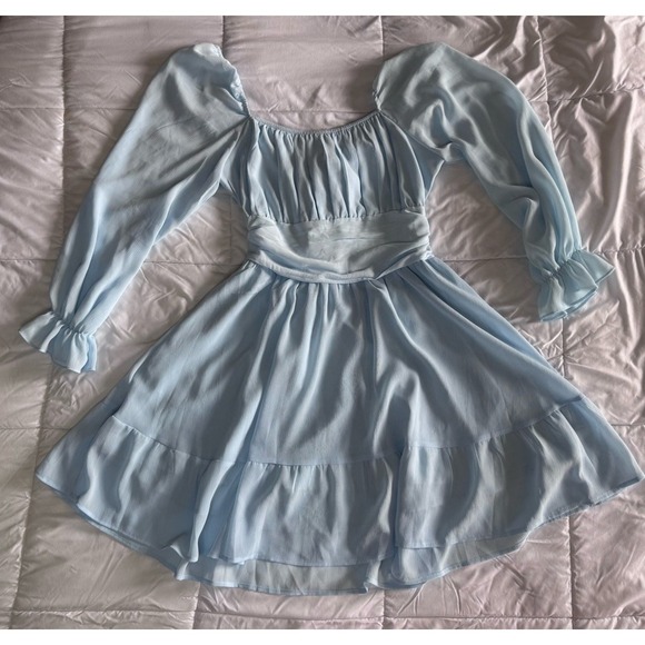 Exlura Lantern Sleeve Tie Back Ruffled A-Line Mini Dress BLUE Size Large - Picture 3 of 11